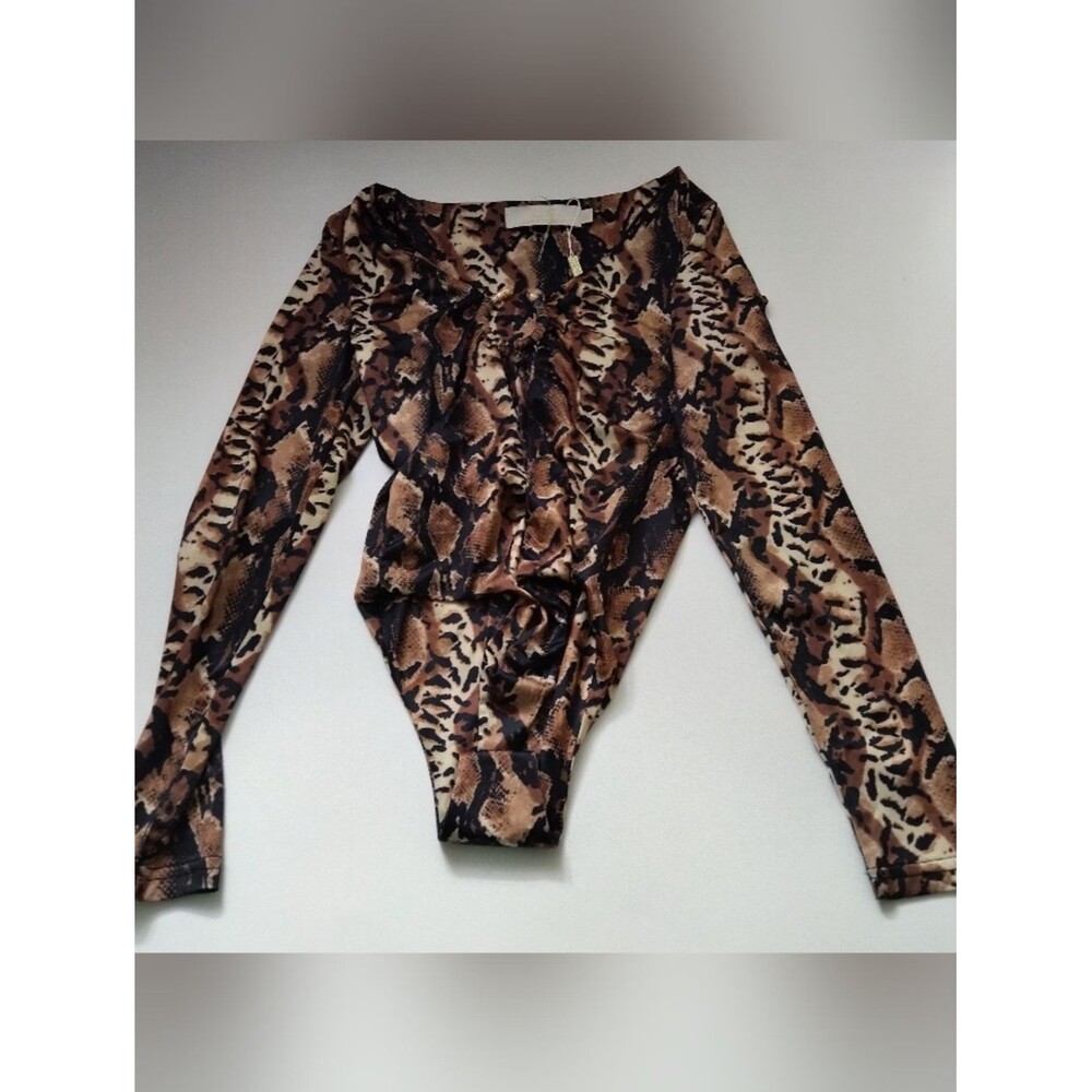 Lizzete Collection Women's Brown Animal Print Long Sleeve Bodysuit New Size M
